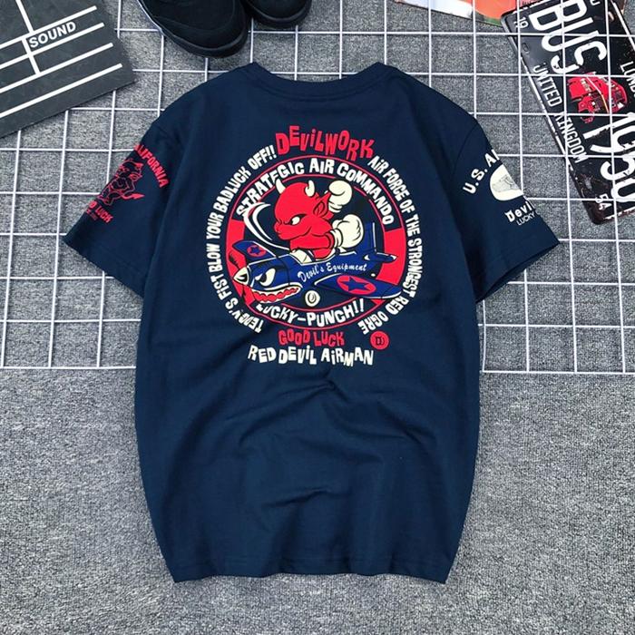 Япония Удача Призрак Маленький Дьявол Акула Истребитель Напечатанный Локомотив Хлопковая Футболка с Коротким Рукавом Мужчины Женщины Рукав до Локтя Тренд