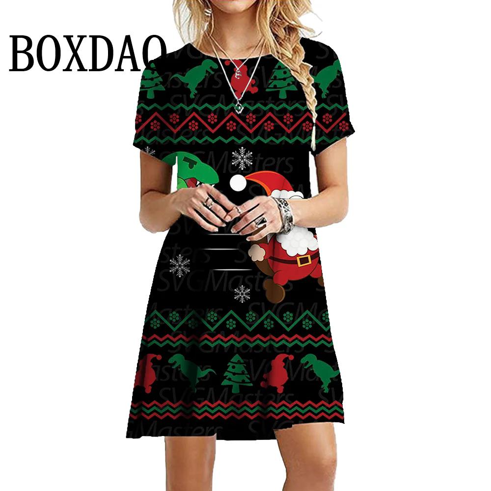 New Year Winter Christmas Deer Snowflake Dresses Women Short Sleeve Loose Tree Fashion Sweet O-Neck Party Dress