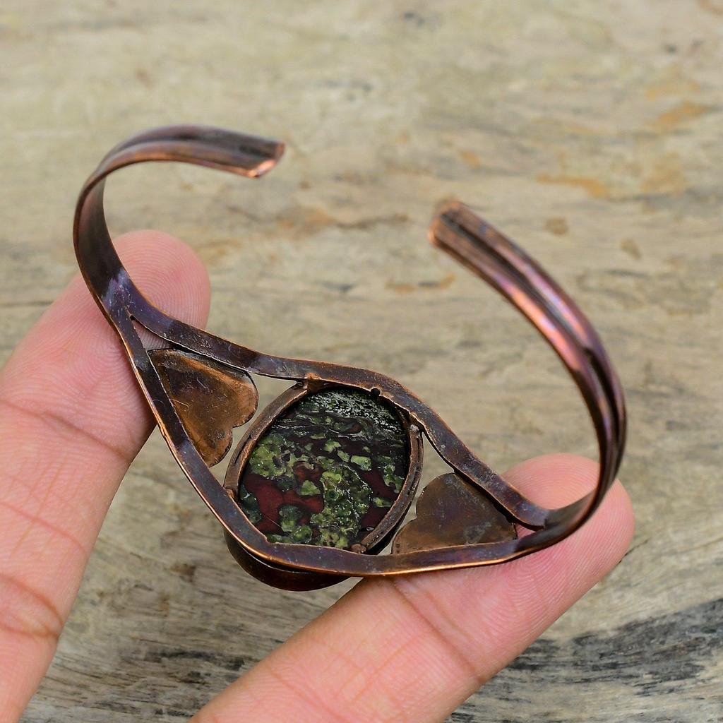 Браслет из драконьей яшмы, гальванопластика, медь, регулируемый браслет-манжета, браслет с драгоценным камнем, гальванопластическое украшение, браслет ручной работы, подарки для женщин