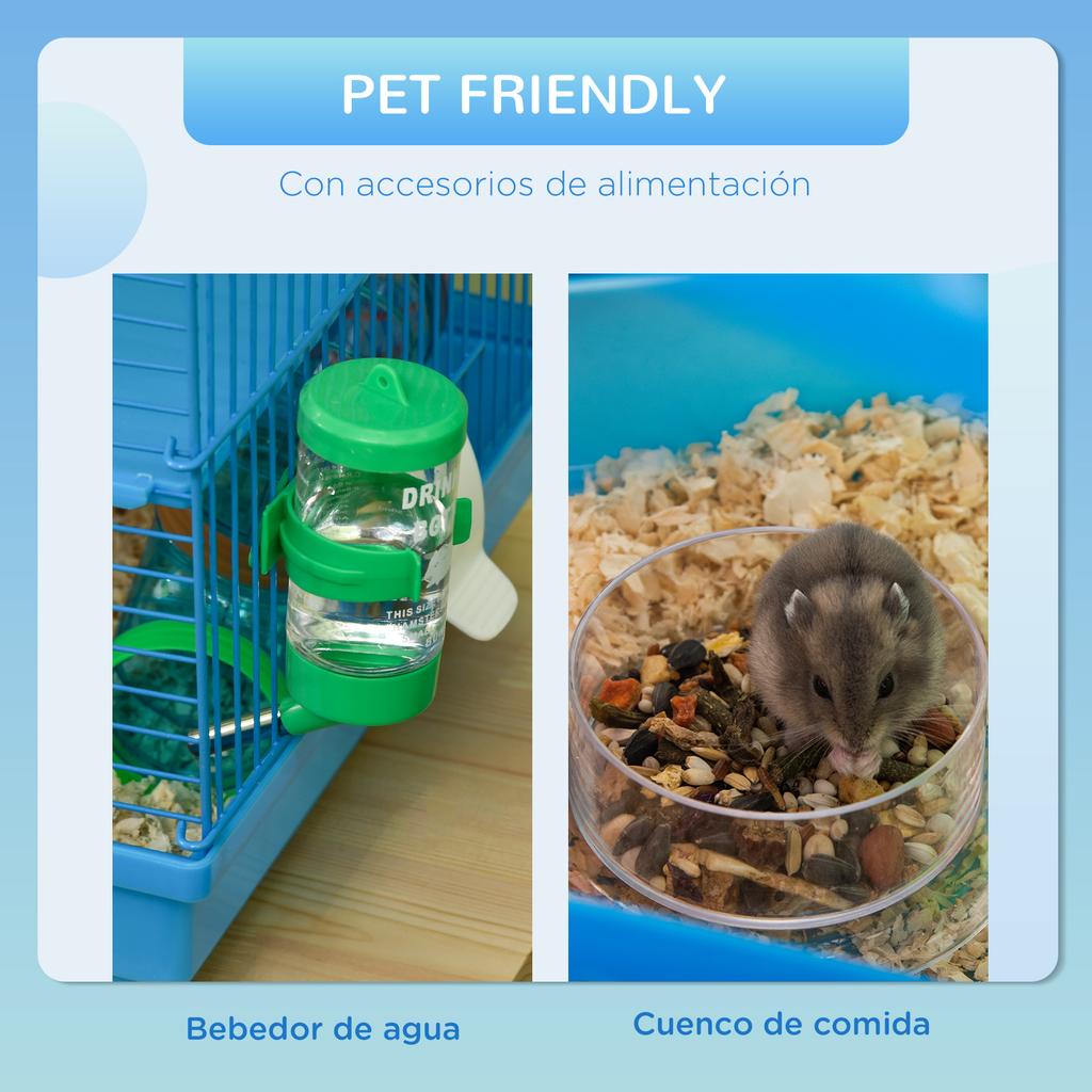 Multi-Level Hamster Cage with Tubes, Platforms, Feeder, Water Bottle, House, Wheel, and Ladders, 47x30x59 cm, Blue