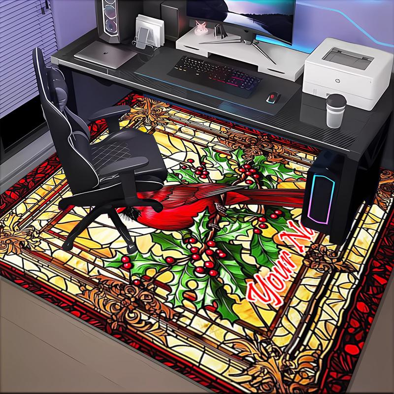 1PC Custom Name Glass Cardinal Theme Floor Mat Ideal for Living Room, Game Rooms, Office, Bedroom, Floor Mat Playful Design