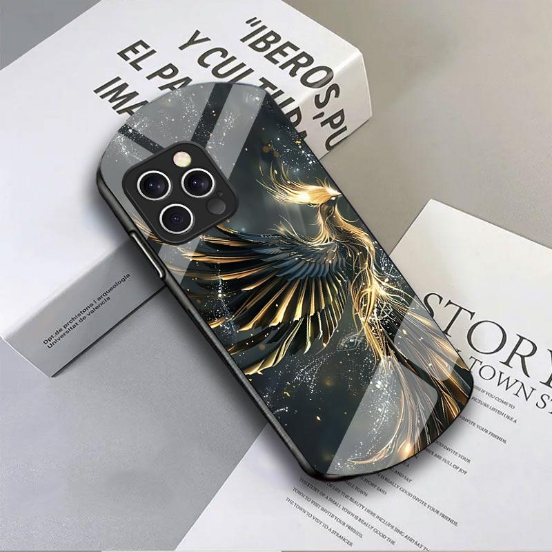 Золотой Феникс Раскрывающийся Для iPhone 16 Pro Max 16e 15 Pro 14 13 12 Mini 11 XS Max XR 7 8 Plu SE 22 Эллиптический Стеклянный Чехол для Телефона
