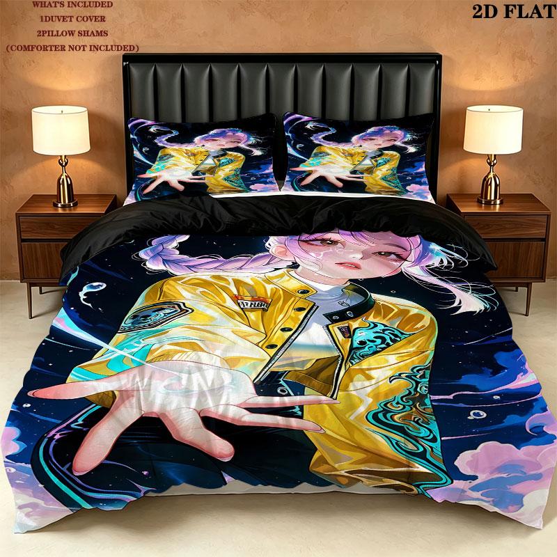 Kpop Demon Hunters Pattern Bedding Quilt Set Quilt Cover Pillowcase Home Birthday Gift(1 * duvet cover + 2 * pillowcase, without core)