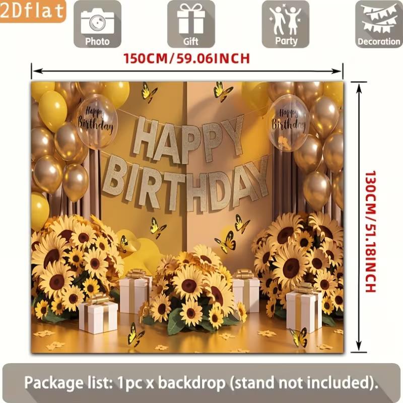 2D Birthday Photography Backdrop Yellow Background with Sunflowers, Butterflies and Balloons