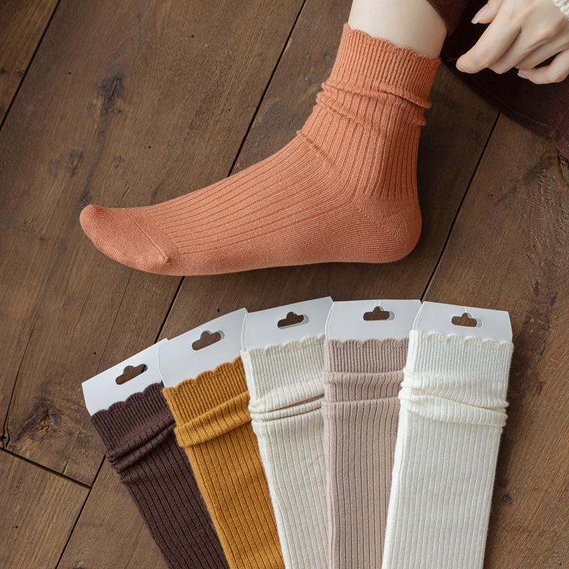5/10 Pairs Autumn Winter Wool Socks for Women: Mid Calf Socks Fashionable Warm Versatile Pile Socks Solid Color Lace Socks Loose Fit Cashmere Socks