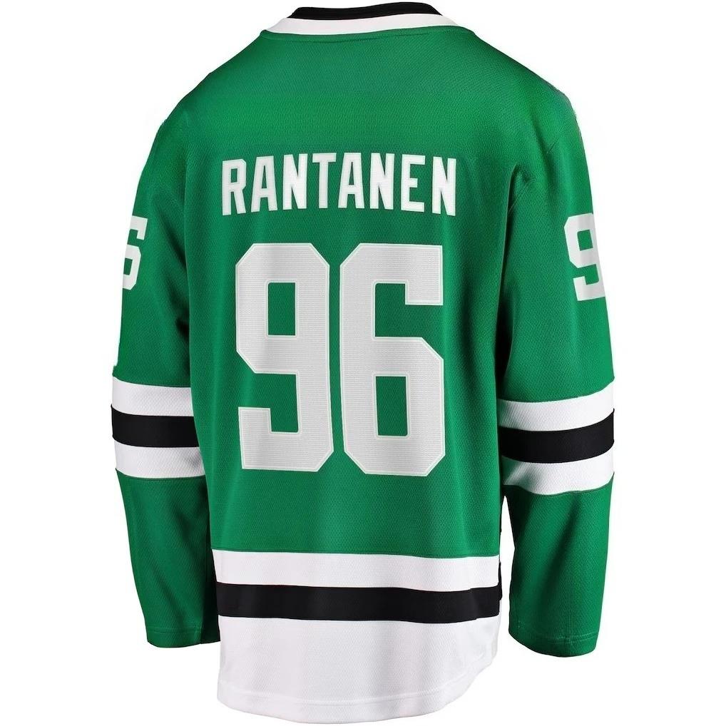 Хоккейная футболка Dallas Stars Зеленая с Белыми и Черными Акцентами "Rantanen 96" Звезда Логотип "D" Дышащая Спортивная Футболка с Длинным Рукавом V-образный Вырез
