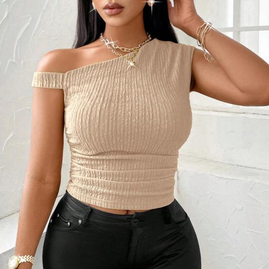 Женские топы Асимметричный дизайн Обычная посадка Топы Асимметричный косой воротник Короткий рукав