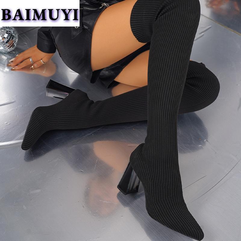 Вязаные женские сапоги-носки выше колена с острым носком на высоком каблуке 2025 года, сексуальные массивные дизайнерские сапоги-лодочки Chelsea Snow