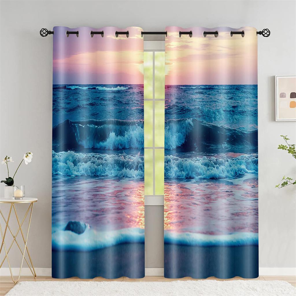 Летние пляжные шторы с оттенком кокосовой пальмы Гостиная Спальня Украшение дома Морской закат Пейзаж Цифровая печать Тонкие шторы