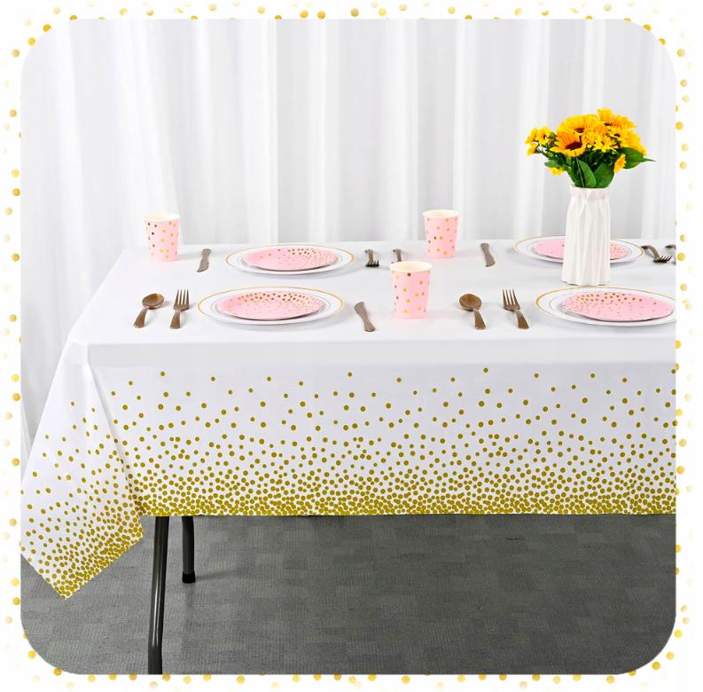 Disposable tablecloth FOR a white foil table With gold confetti, large 137x274 cm