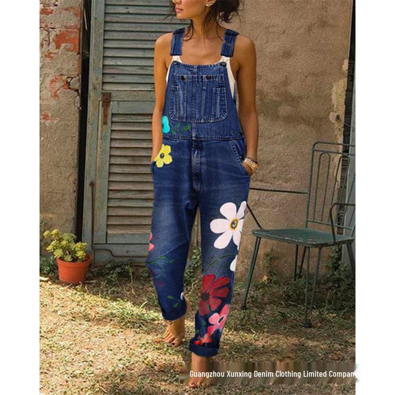 Women's Summer Denim Overalls – Classic, High-Quality, Loose Straight-Leg with Print