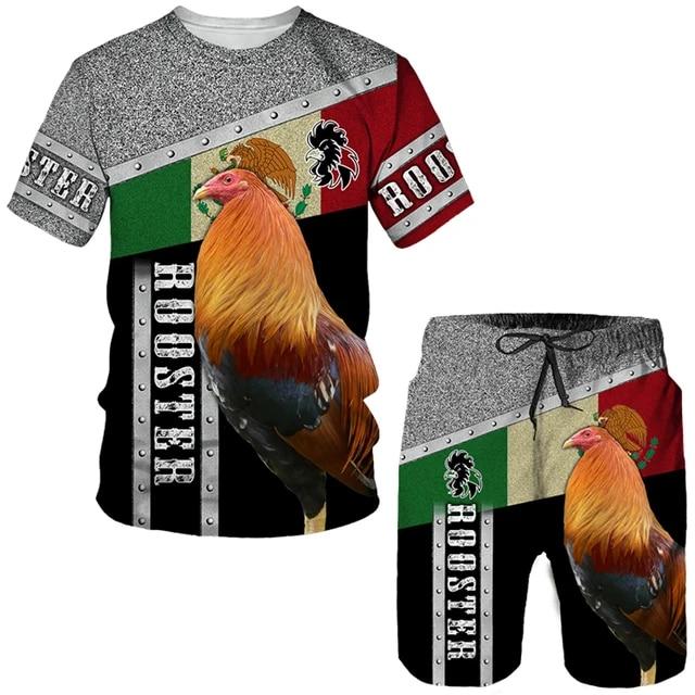 Спортивный комплект, мужская одежда, летняя одежда ROOSTER RANCH GRASS с 3D принтом, повседневный мужской костюм из двух предметов, короткие наряды, футболка + шорты мужские