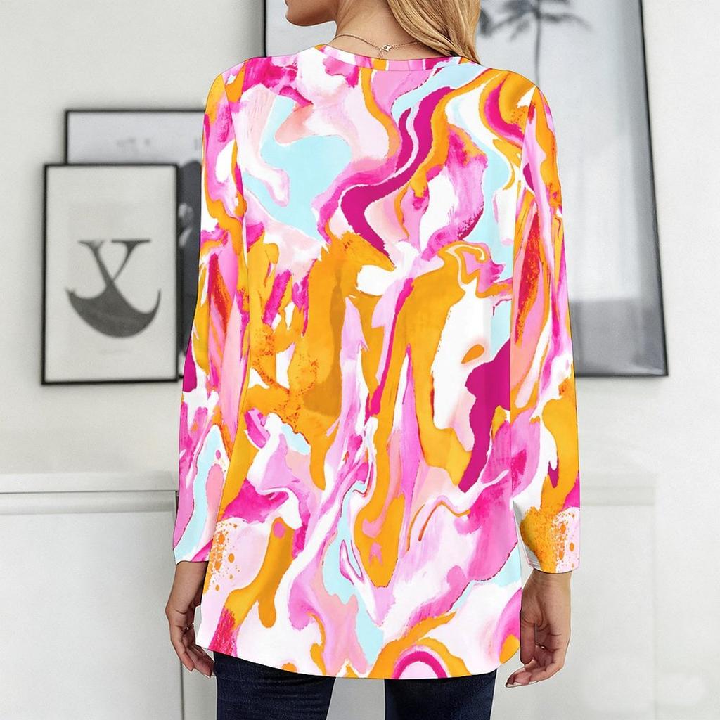 Women Plus Size Colorful Printed Round Neck Long Sleeve Loose Longline T Shirt With Pockets