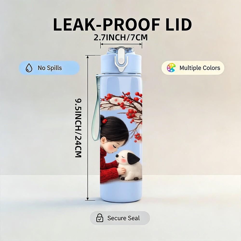 1PC Little Girl Play With Puppy Print 750ml Color Plastic Sports Water Bottle Leakproof Flip Straw Lid Suitable for Sports Office Home Use