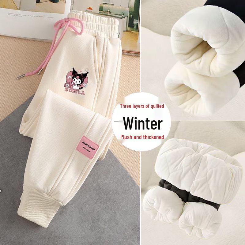 Куроми Девичьи флисовые спортивные штаны - Мультяшный принт, Теплые и толстые, С манжетами для весны/осени