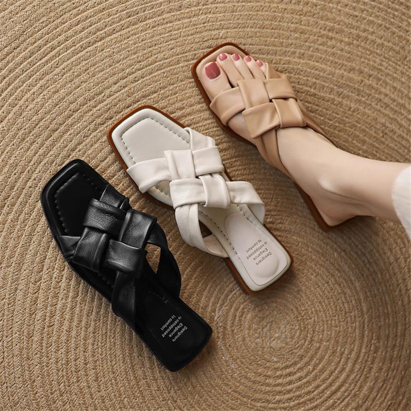 Fashion New Summer Slippers Genuine Leather Sandals Square Toe Shoes for Women Fashion Concise Low Heels Slippers Handmade Apricot