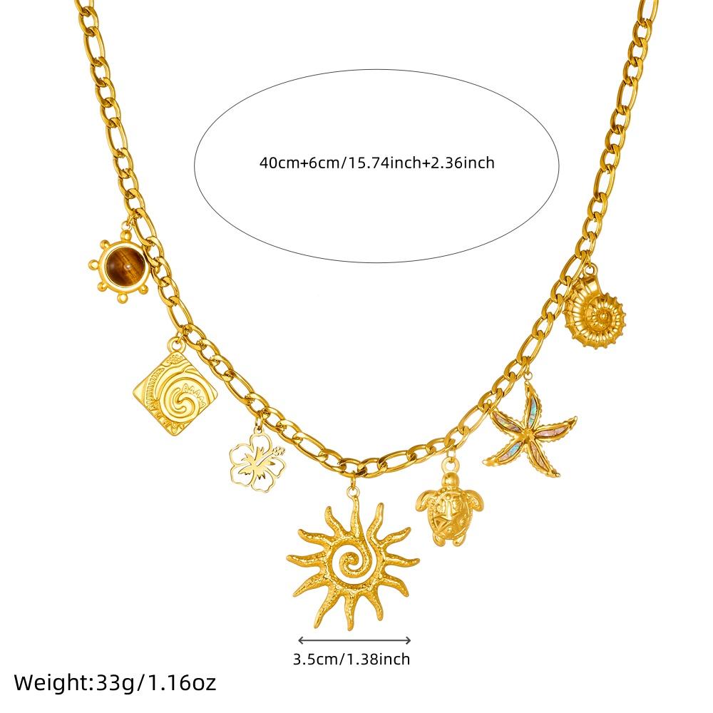 DIEYURO 316L Stainless Steel Golden Sun Totem Starfish Turtle Conch Flower Necklace Women New Waterproof Neck Chain Jewelry