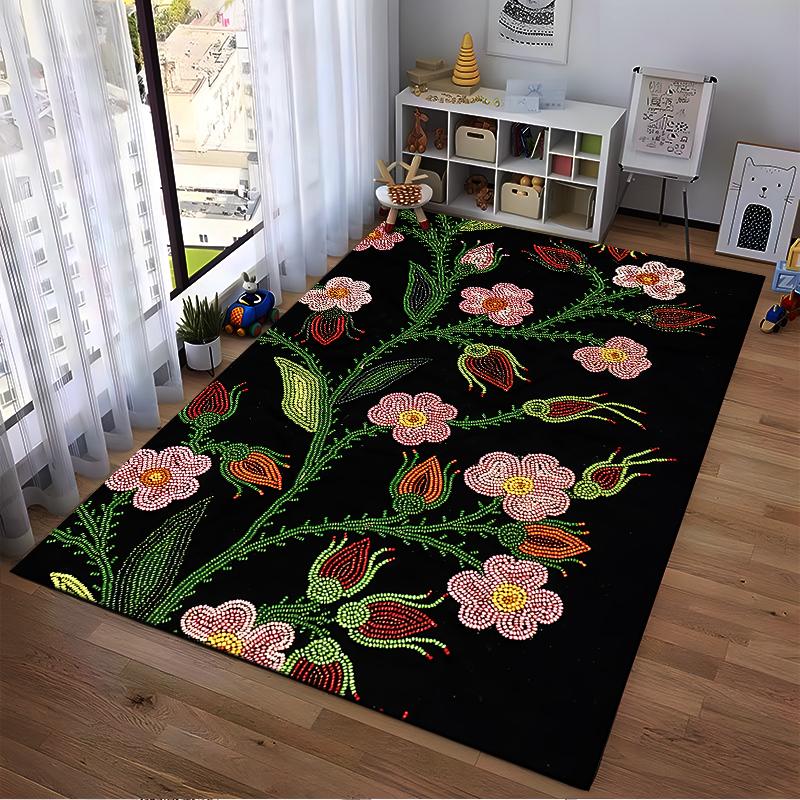 Colorful Floral Carpet with Dot Art Design on Black Background Suitable for use as an anti-slip for living room bedroom sofas