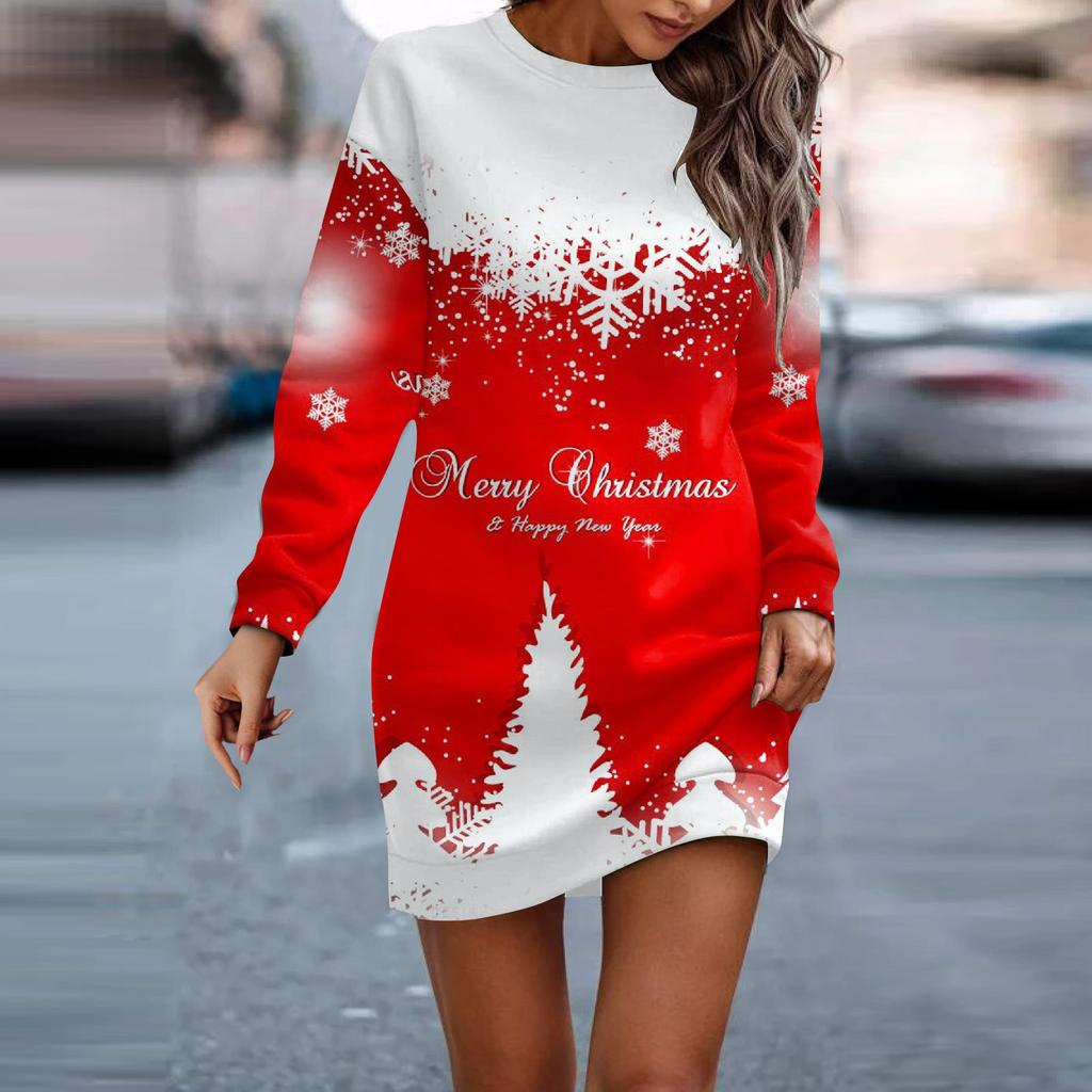 Платье с длинным рукавом для женщин, повседневное рождественское пуловер с принтом, платье-свитер, осень