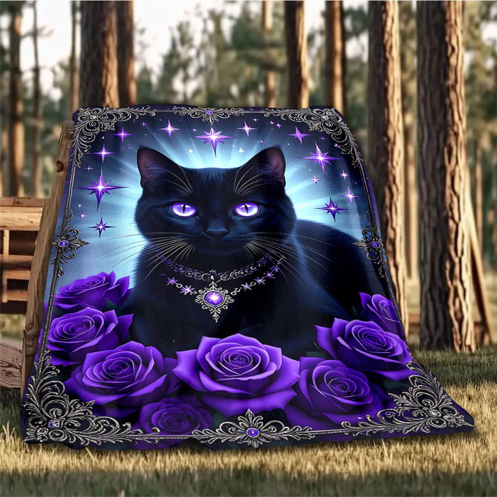 1pc Purple Rose Cat Outdoor Flannel Blanket , Machine Washable Perfect Gift for Birthday , Holiday Travel Accessory , Durable Material
