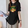 Round Neck Black Short-sleeved T-shirt for Women In Summer Mid-length Style Covering The Butt Curved Hem Loose Slimming Top