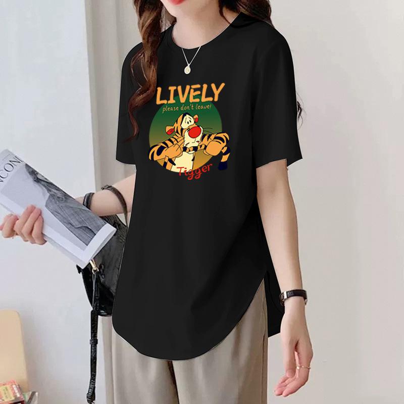 Round Neck Black Short-sleeved T-shirt for Women In Summer Mid-length Style Covering The Butt Curved Hem Loose Slimming Top