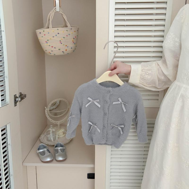 Baby Autumn Premium Gray Sweater New Girls Sweet Princess Style Bow Plush Jacket Knitted Sweater