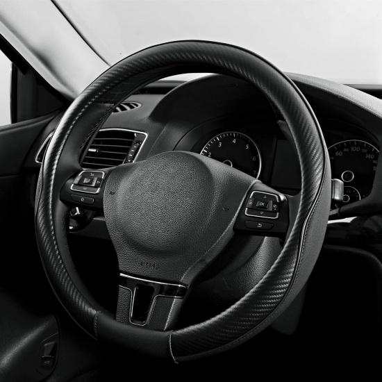 PIC AUTO Steering Wheel Cover, Black Piping Leather, Sports Carbon Fiber And Super Breathable Leather, Universal 14.5-15.5 Inch Anti-Slip Steering