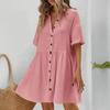 Женское платье-рубашка с коротким рукавом, лацканами, V-образным вырезом, на пуговицах, расклешенное
