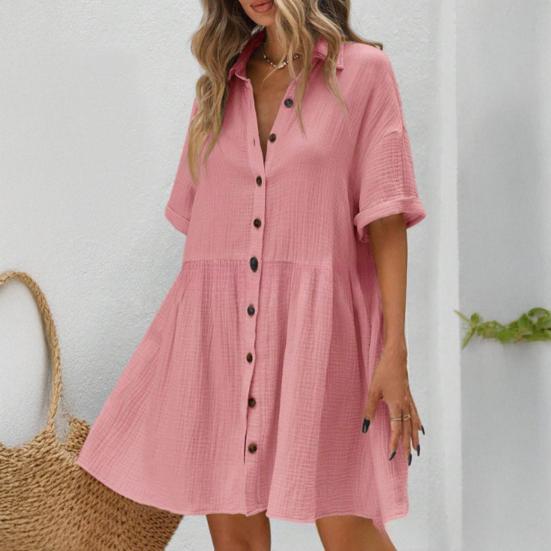 Женское платье-рубашка с коротким рукавом, лацканами, V-образным вырезом, на пуговицах, расклешенное