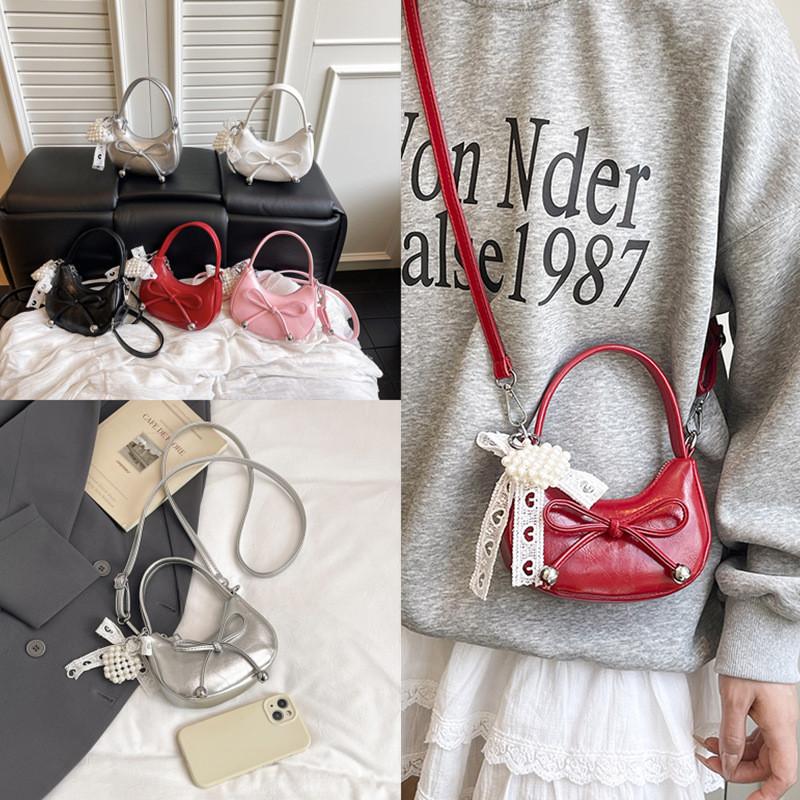Single Purse Bow Shoulder Crossbody Bag With Pearl Pendant For Fashion Daily