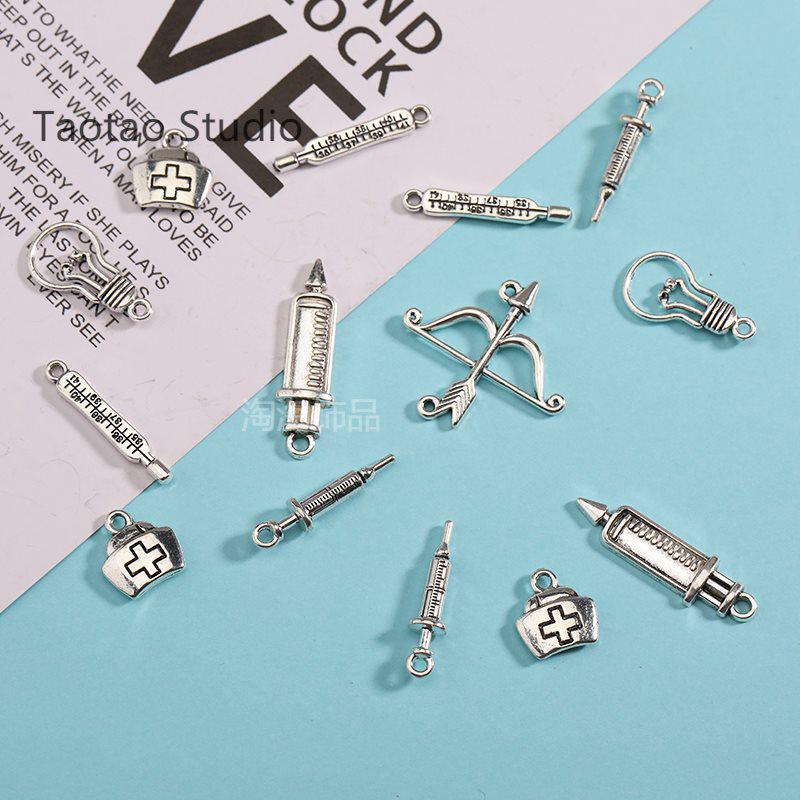 DIY Jewelry Accessories: Antique Silver Light Bulb, Syringe, Medicine Box Pendants, Earring Chains, Necklace & Keychain Y2K