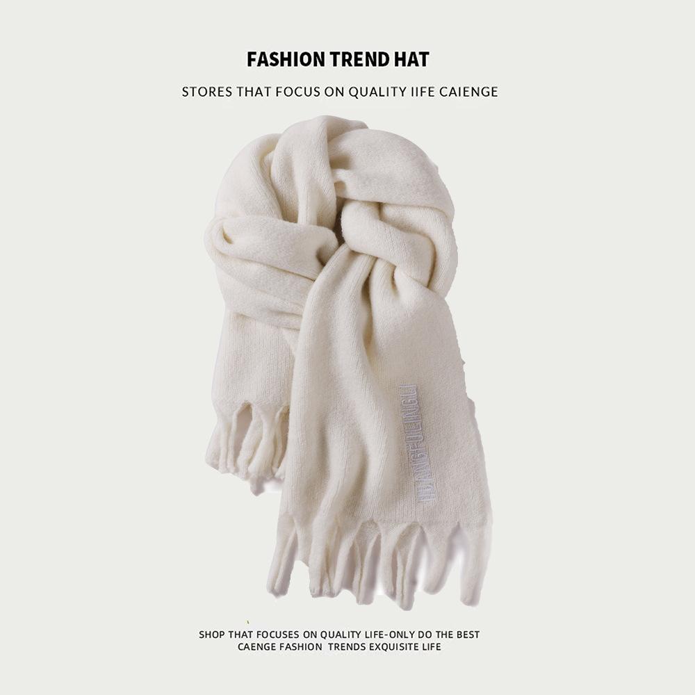 Knitted Wool Scarf With Wool Content, Women'S Autumn And Winter Extended Version, Thick And Luxurious, Solid Color Cashmere Scarf