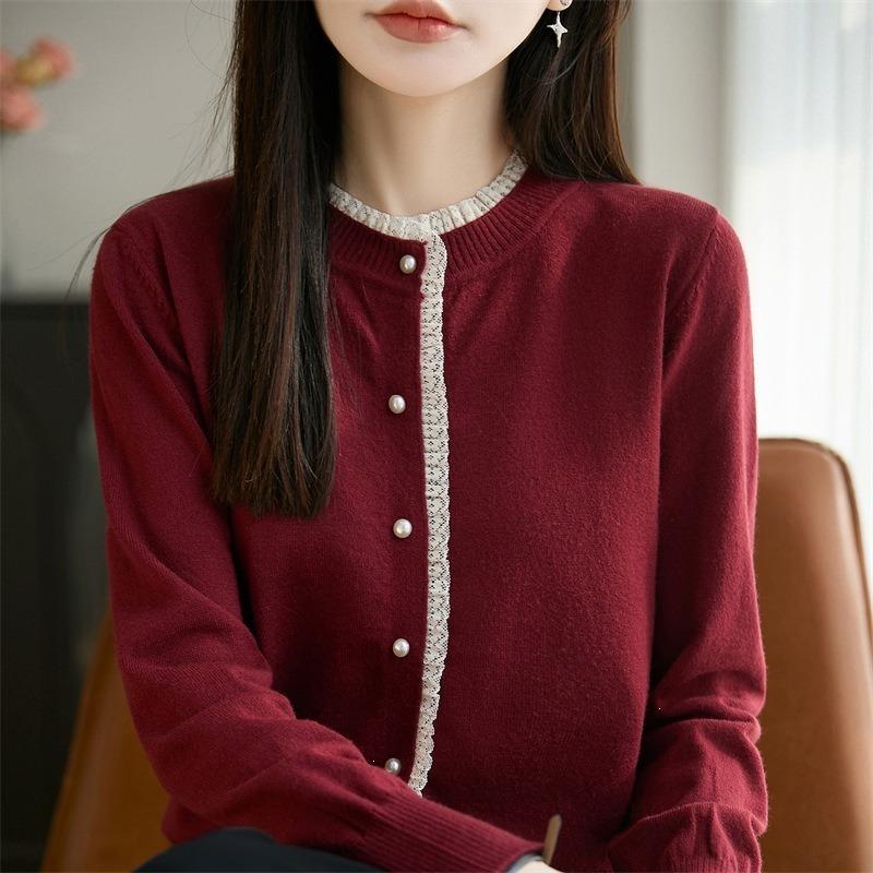 Women S Lace Round Neck Knit Cardigan Loose Color Block Top