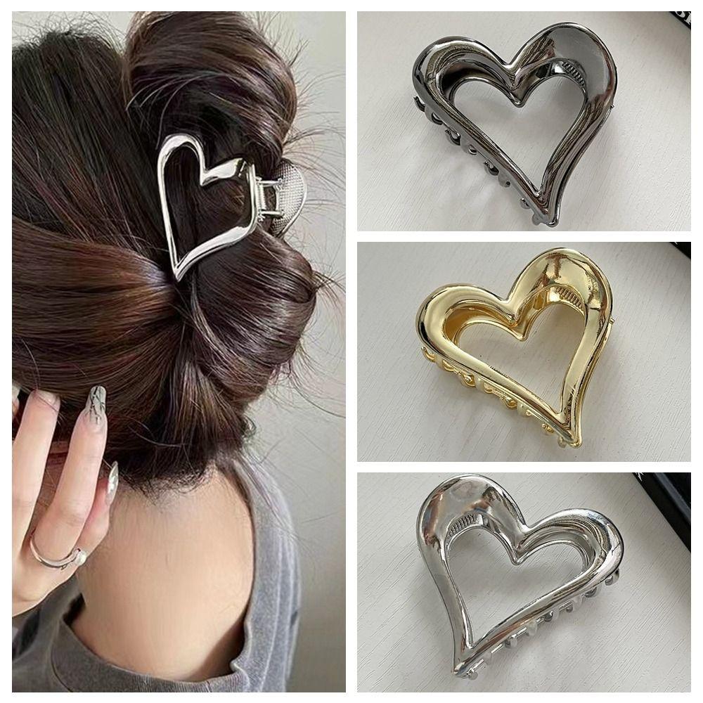 Hollow Love Heart Metal Hair Claw Y2k Geometric Shark Clip Sweet Ponytail Claw Clip Girl