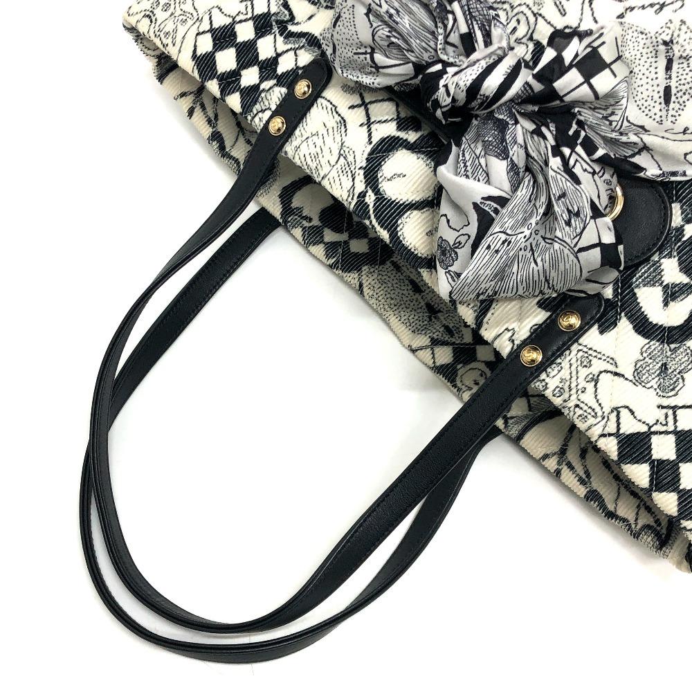 CHANEL Camelia Chevron Corduroy Shoulder Bag with Ribbon Tote Bag White/Black