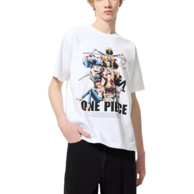 Uniqlo × Коллаборация One Piece SS25 Графический Принт Букв Свободная Повседневная Футболка с Коротким Рукавом Мужские Топы Белый 480693-00