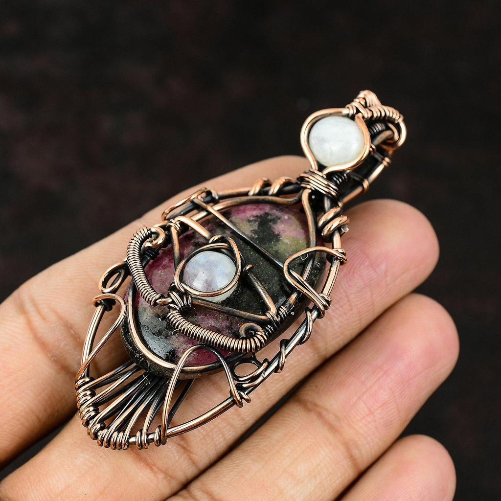 Подвеска из родонита от сглаза, драгоценный камень, обернутый в проволоку, подвеска из лунного камня, медная бижутерия, кулон ручной работы от сглаза, подарок для матери