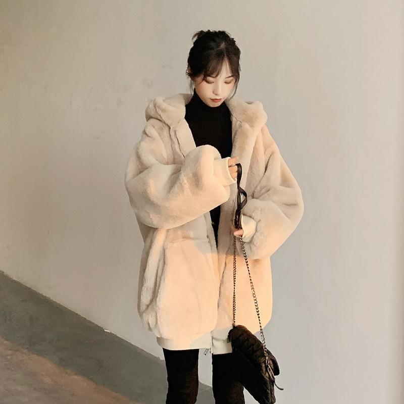Loose Plush Jacket Women's Winter Imitation Rex Rabbit Fur Long New Thickened Hooded Coat