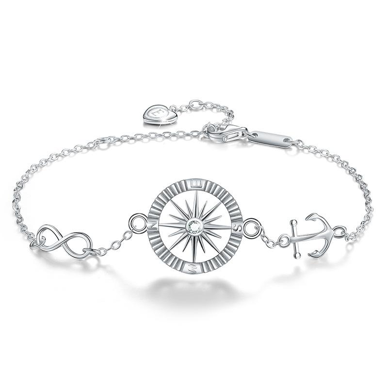 S925 Серебряный браслет с компасом и якорем для женщин в Европе и Америке, простые круглые женские браслеты