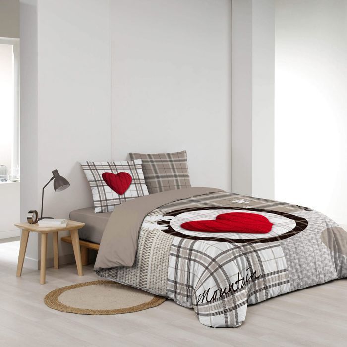 Parure de lit 3 pièces en coton avec imprimé tartan et coeur love mountain - beige et rouge - 240 x 220 cm