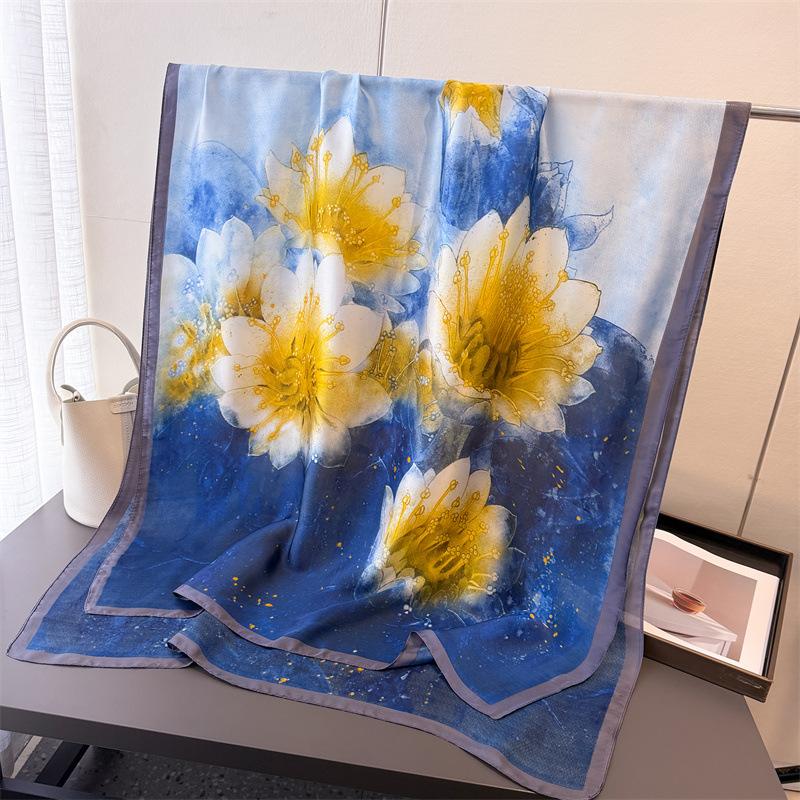 Spring and Summer Thin Printing Simulation Silk Brocade Sunscreen Pink Purple Flower Silk Scarf Long Scarf Shawl Versatile Headscarf Scarf