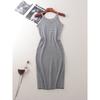 Fashion Style Halterneck Pinstripe Sheath Dress Narrow Shoulder Sleeveless Knitting Silm Slim-Fit Sleeveless Dress