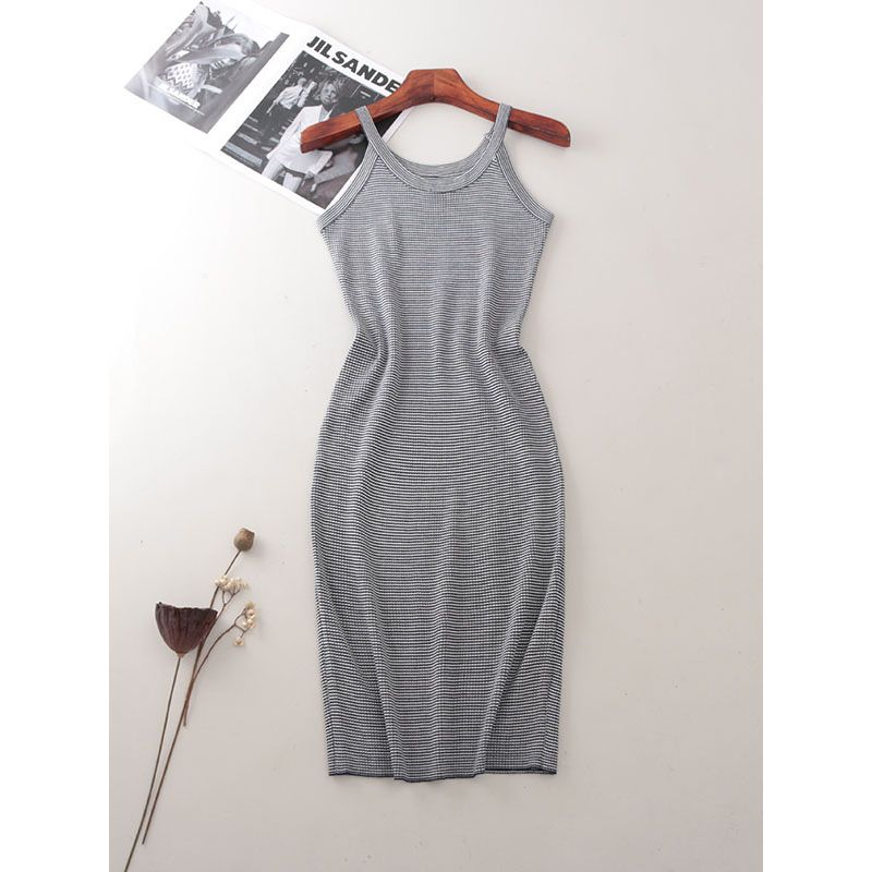 Fashion Style Halterneck Pinstripe Sheath Dress Narrow Shoulder Sleeveless Knitting Silm Slim-Fit Sleeveless Dress