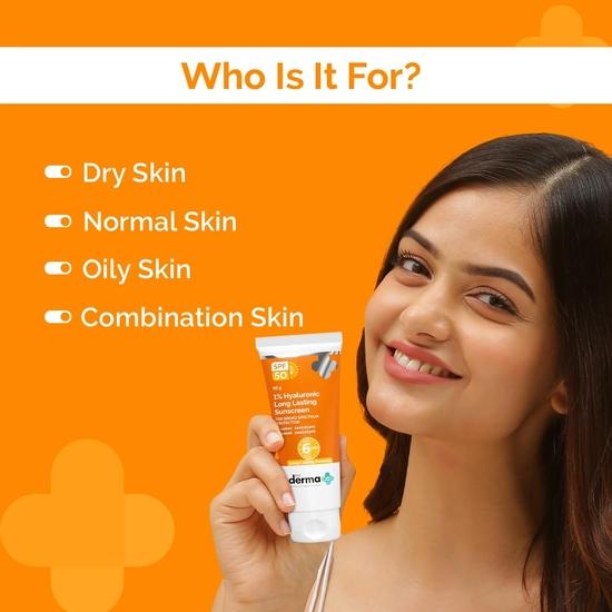 Derma Co 1% гиалуроновый солнцезащитный крем длительного действия Spf 50 Pa++++ с гиалуроновой кислотой и витамином E для широкого спектра защиты - 50 г, для всех типов кожи