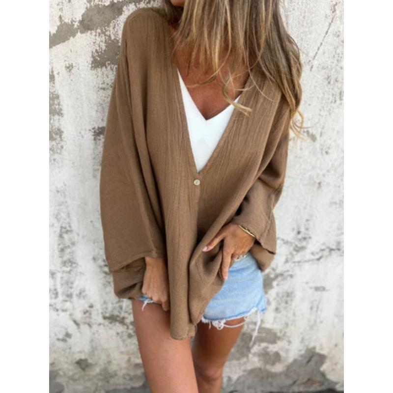Women's Solid Colour V-Neck Fashion Loose Mid-Length Sleeve Cardigan Top