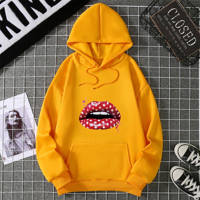 Loose Long Sleeve Women's Hoodie Lip Print Trendy Plus Size Cross-Border Pattern Crew Neck Regular Length Girl Style