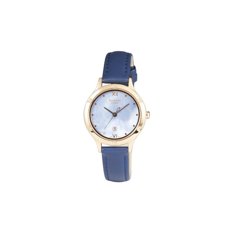Casio Серия SHEEN, модные и элегантные, простые и роскошные, с тремя стрелками, водонепроницаемые, Кварцевые, кожаный ремешок, , женские часы, модель SHE-4546PGL-2AUPR