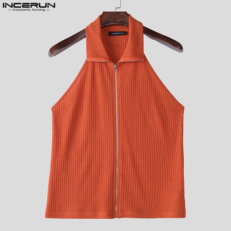 INCERUN Summer Men Sleeveless Zipper Rib Tank Tops T-shirts