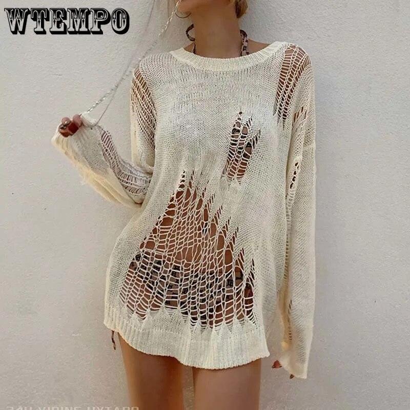 Черный полый вязаный свитер с неровными отверстиями, женский тонкий пуловер с круглым вырезом, сладкий джемпер с длинными рукавами, новая модная осенняя уличная одежда